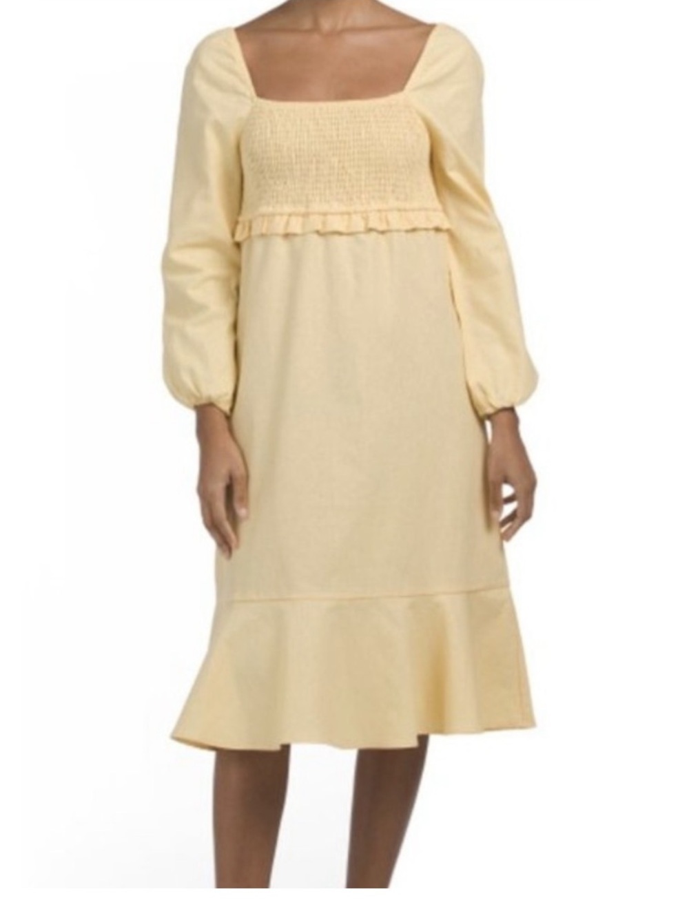 7 for all Mankind Linen / Cotton Butter Yellow Puff Sleeve Smocked Midi Dress - Picture 6 of 6